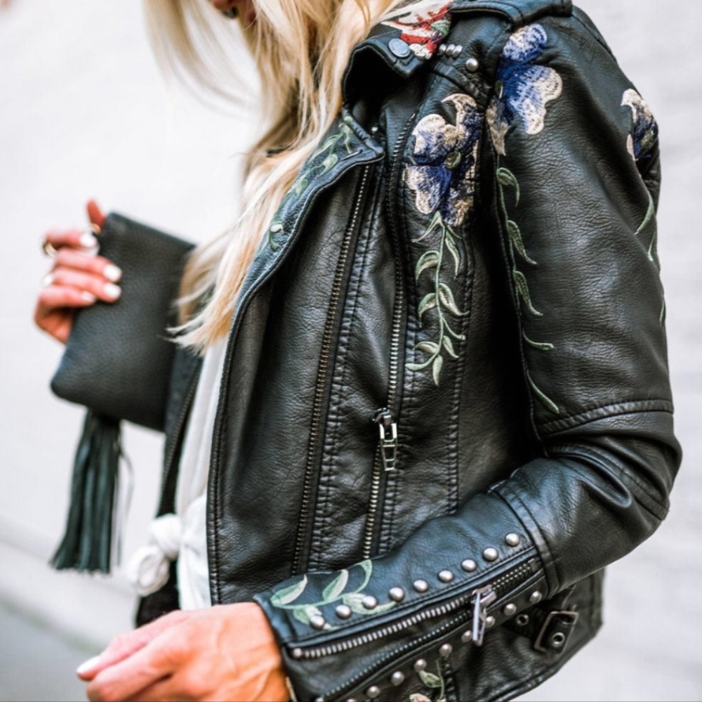 PU Leather NWOT Moto floral jacket Small 2/4 black